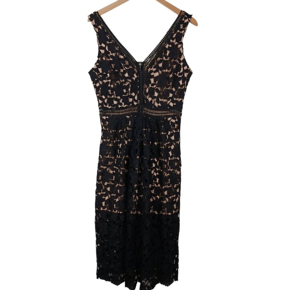 Just Me, Black Lace Midi Dress, LRG, Nude Mini Length Lining Sleeveless Cocktail - Picture 4 of 16